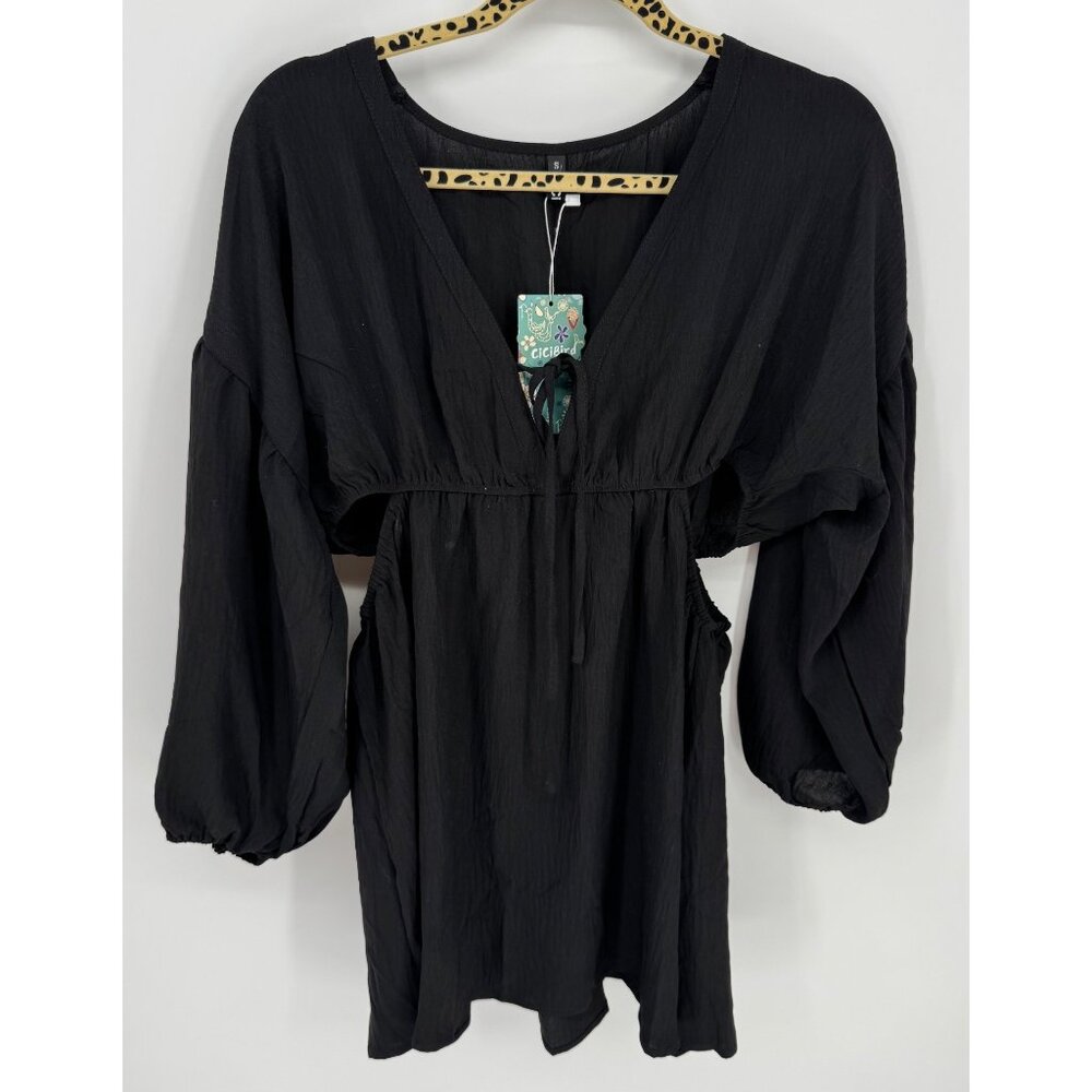 Black V-Neck Long Sleeve Mini Dress With Elastic Waist & Tie Detail